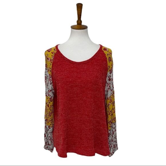 Ces Femme red orange balloon long sleeve boho mixed print floral top medium - Picture 1 of 9